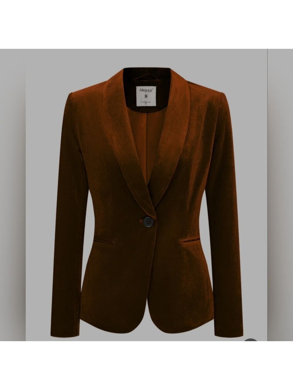 Allegra K | Solid Shawl Collar Single Button Brown Velvet Blazer | Size S - Picture 2 of 8